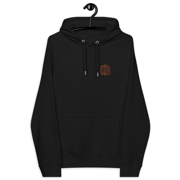Circuit Board Hoodie with embroidered bitcoin design and eco-friendly certifications