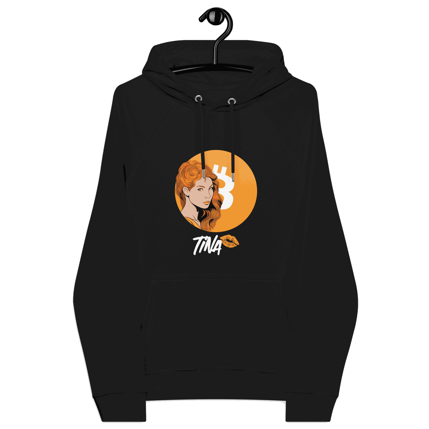 TINA Bitcoin Hoodie eco-friendly raglan with sustainable certifications and Bitcoin design