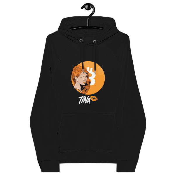 TINA Bitcoin Hoodie eco-friendly raglan with sustainable certifications and Bitcoin design