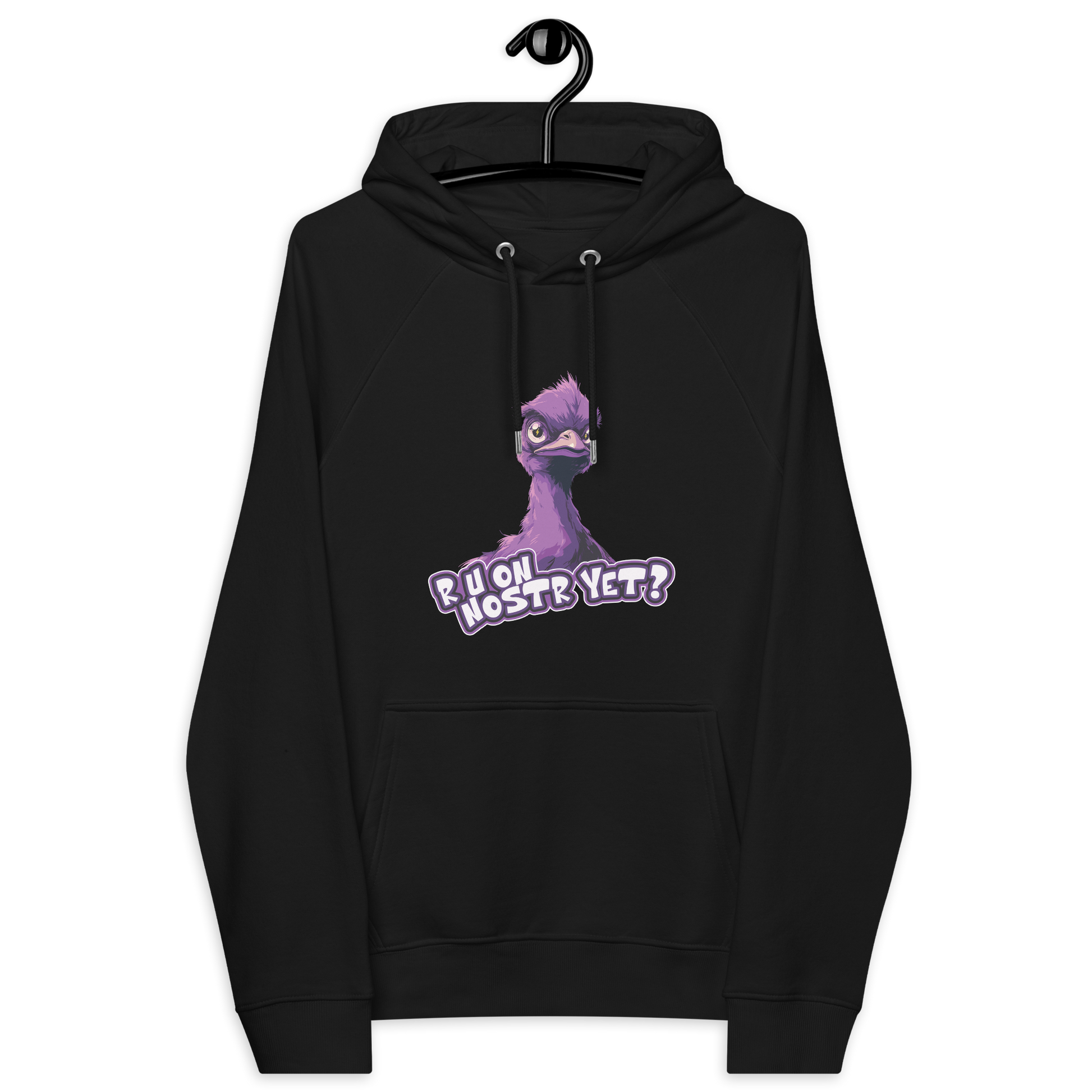Front view of a black nostr hoodie.