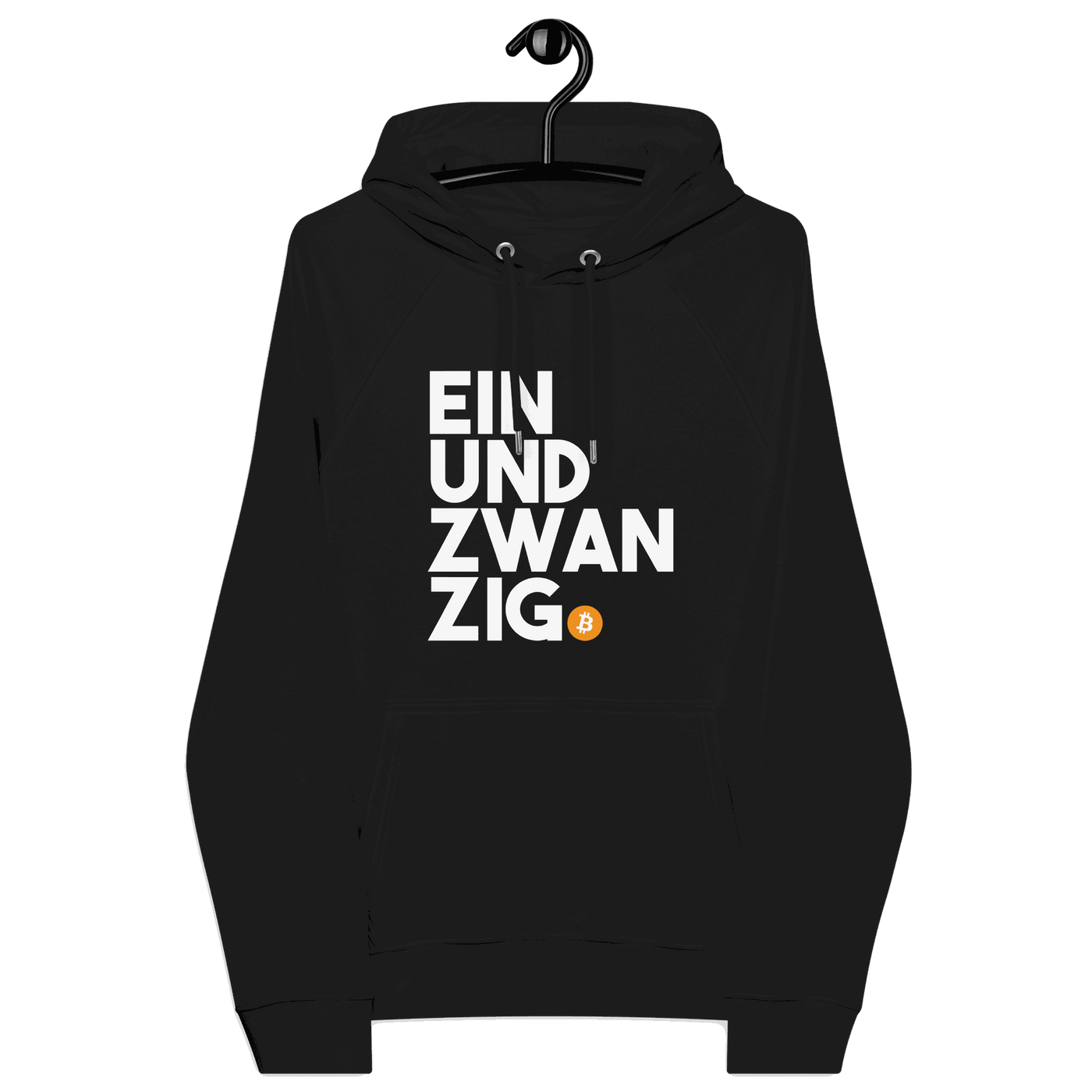 Einundzwanzig Eco Raglan Bitcoin Hoodie with sustainability certifications logos