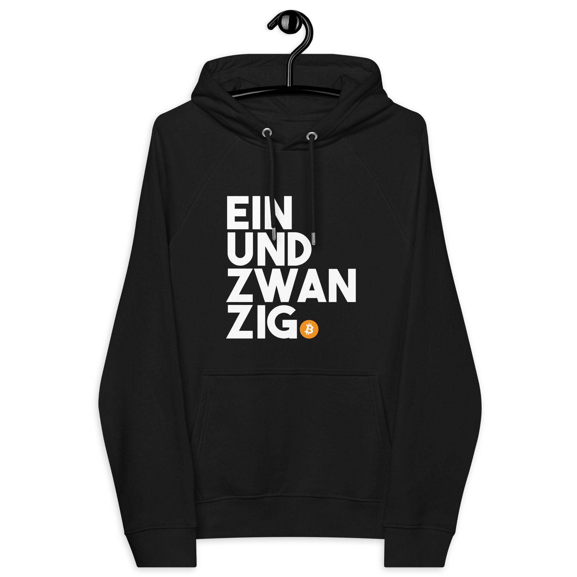 Front view of a black bitcoin hoodie.