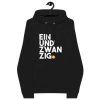 Einundzwanzig Eco Raglan Bitcoin Hoodie with sustainability certifications logos