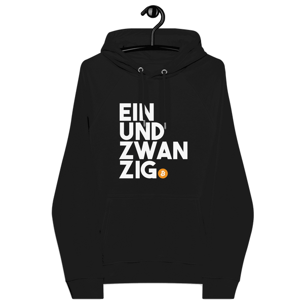Einundzwanzig Eco Raglan Bitcoin Hoodie with sustainability certifications logos