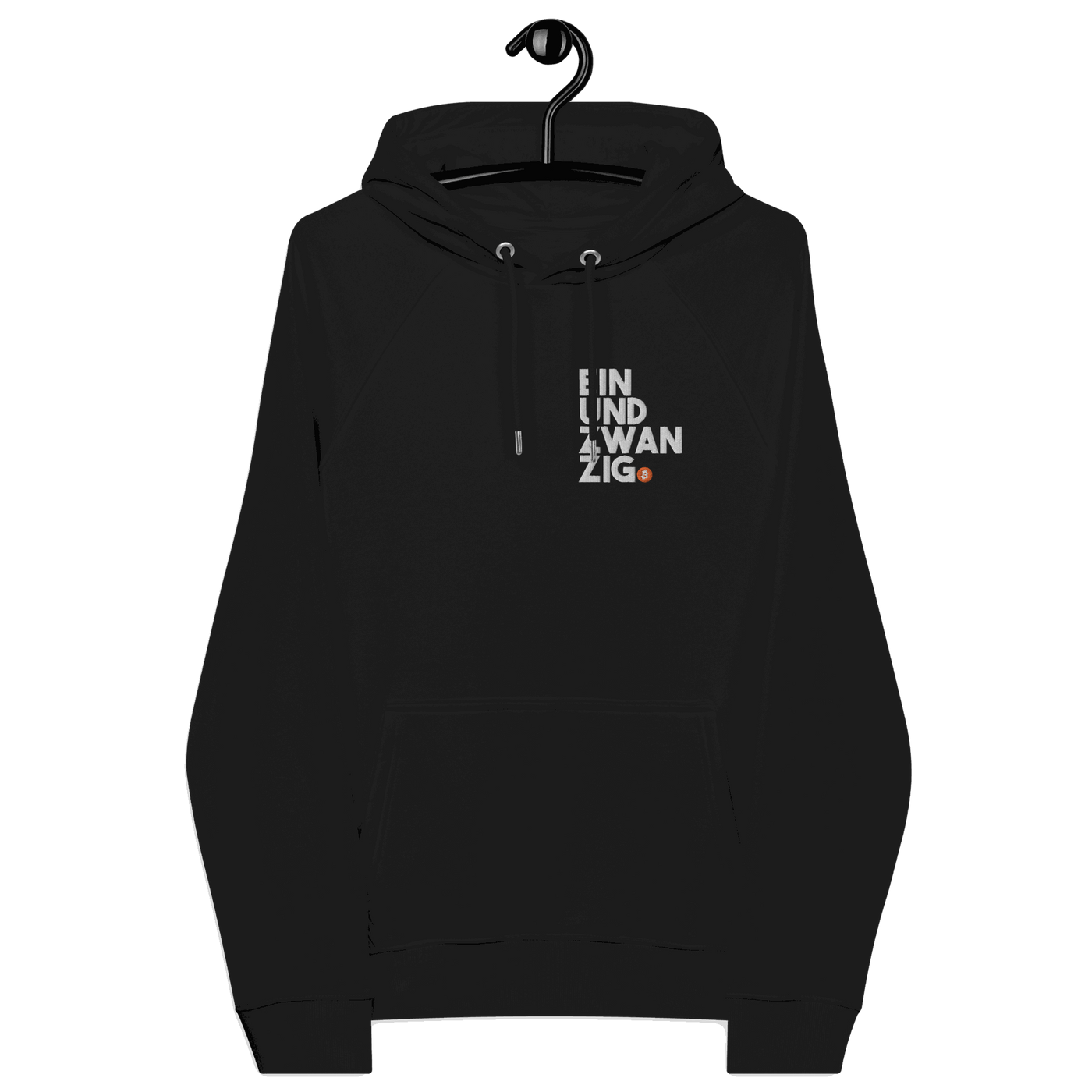Embroidered eco raglan hoodie with bitcoin design and certification logos for sustainable fashion