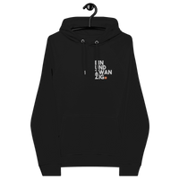 Embroidered eco raglan hoodie with bitcoin design and certification logos for sustainable fashion
