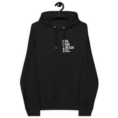 Front view of a black embroidered bitcoin hoodie.