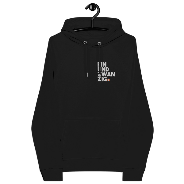 Embroidered eco raglan hoodie with bitcoin design and certification logos for sustainable fashion