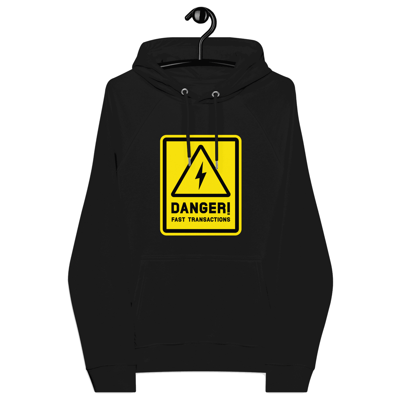 Certification logos on eco-friendly Lightning Hoodie promoting fast bitcoin transactions