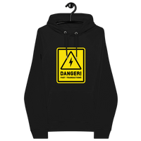 Certification logos on eco-friendly Lightning Hoodie promoting fast bitcoin transactions