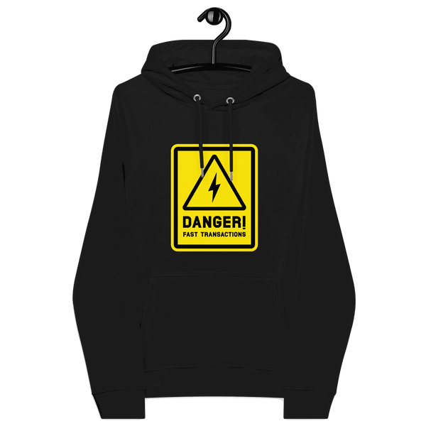 Certification logos on eco-friendly Lightning Hoodie promoting fast bitcoin transactions