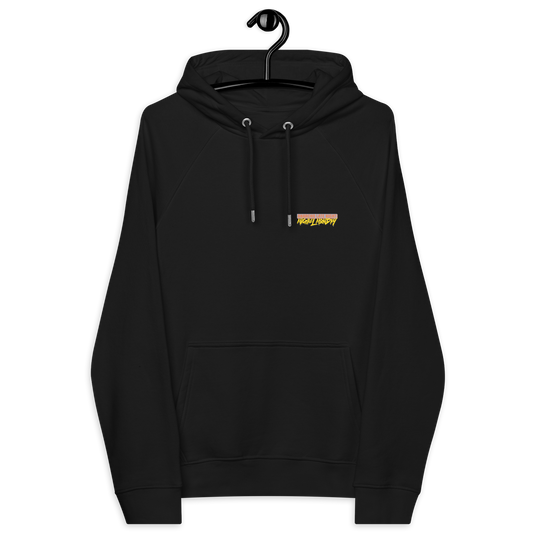 Front view of a black aln hoodie.