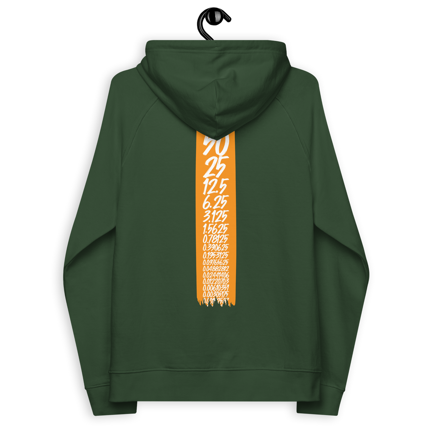 Back view of a bottle green colored bitcoin hoodie.