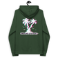 Back view of a bottle green colored aln hoodie.