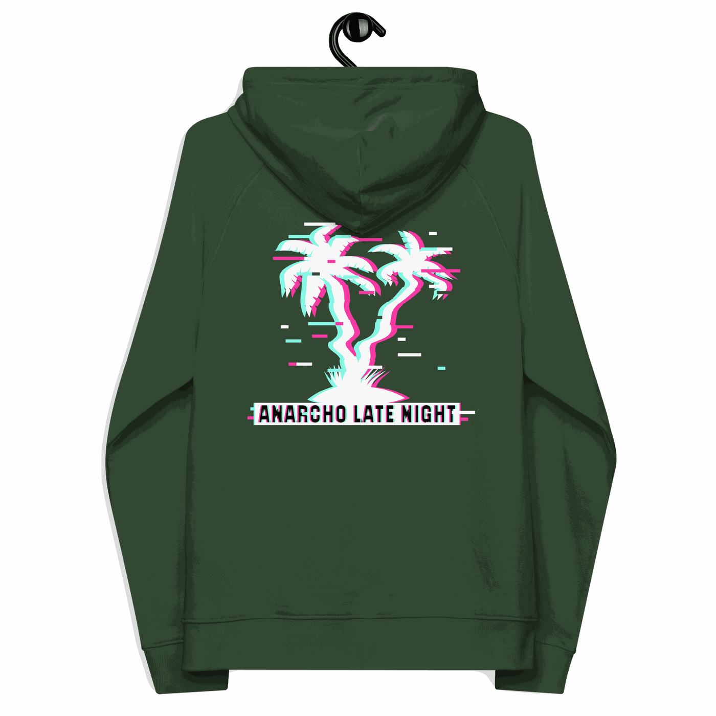 Back view of a bottle green colored aln hoodie.