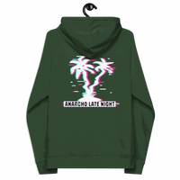 Back view of a bottle green colored aln hoodie.