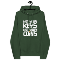 Not your Keys Not your Coins eco-friendly Bitcoin hoodie with certification logos