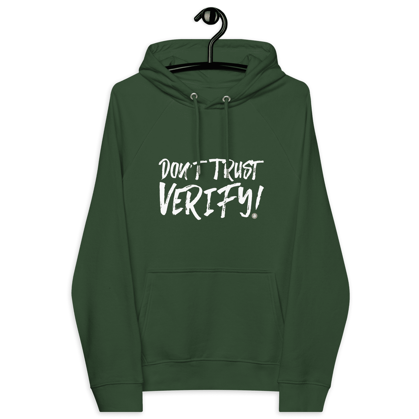 Eco Raglan Bitcoin Hoodie with certifications OEKO-TEX, PETA, GOTS, OCS, GRS and slogan Don't Trust Verify