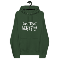Eco Raglan Bitcoin Hoodie with certifications OEKO-TEX, PETA, GOTS, OCS, GRS and slogan Don't Trust Verify