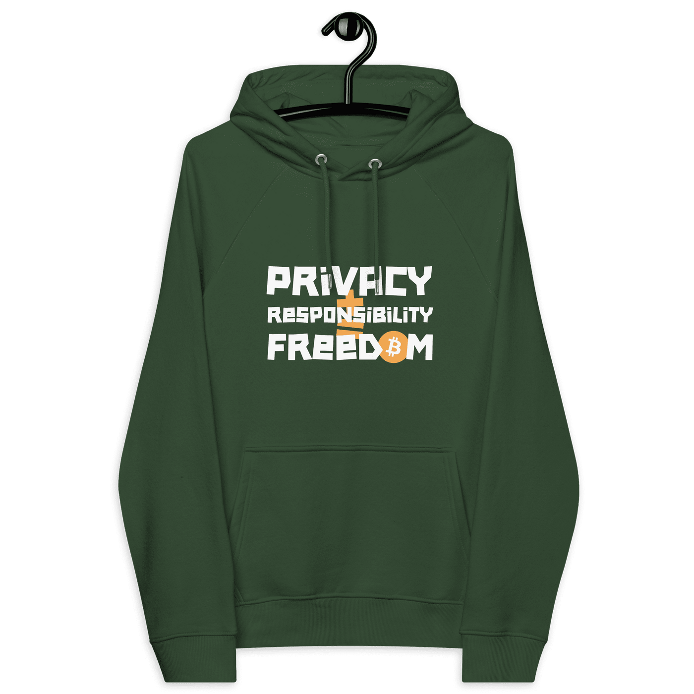 Eco raglan bitcoin hoodie with privacy responsibility freedom message and sustainability certifications