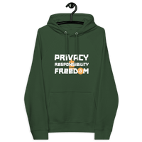 Eco raglan bitcoin hoodie with privacy responsibility freedom message and sustainability certifications
