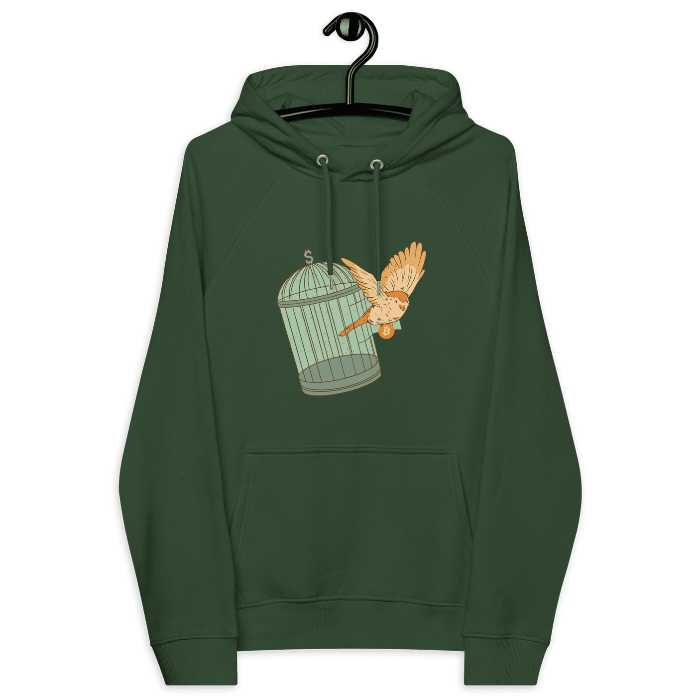 Escape from Fiat Madness eco-friendly certified Bitcoin hoodie with global financial freedom message