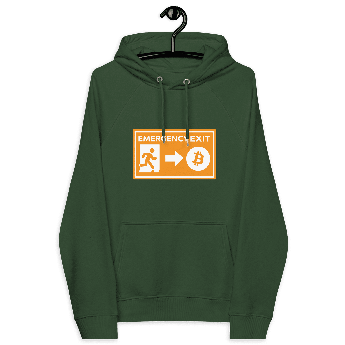 Eco Raglan Bitcoin hoodie with emergency exit theme and multiple eco certifications