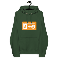 Eco Raglan Bitcoin hoodie with emergency exit theme and multiple eco certifications