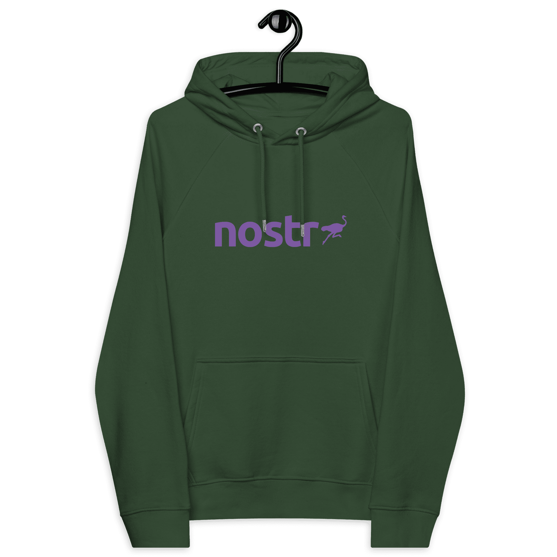 Front view of a bottle green colored nostr hoodie.