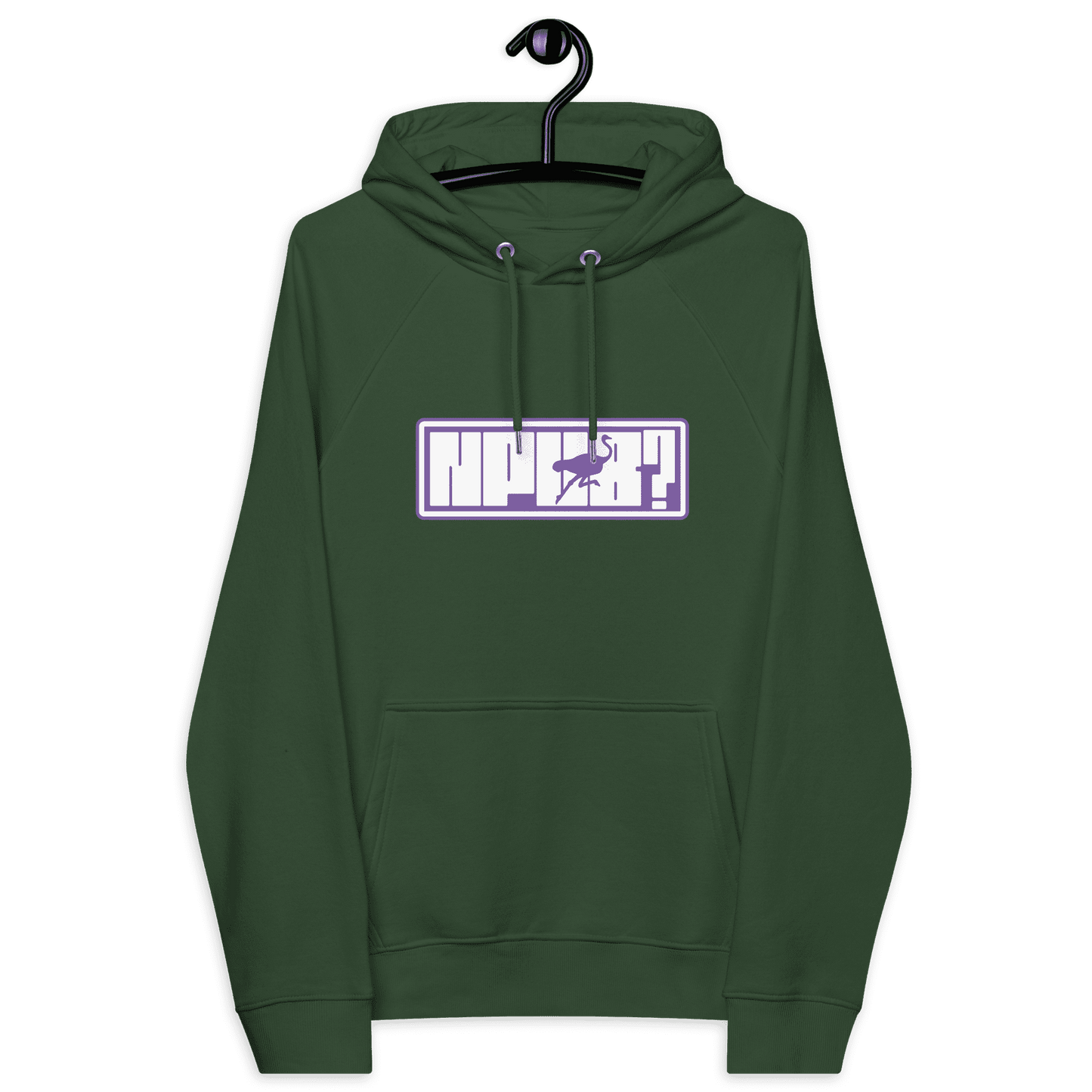 Front view of a bottle green colored nostr hoodie.