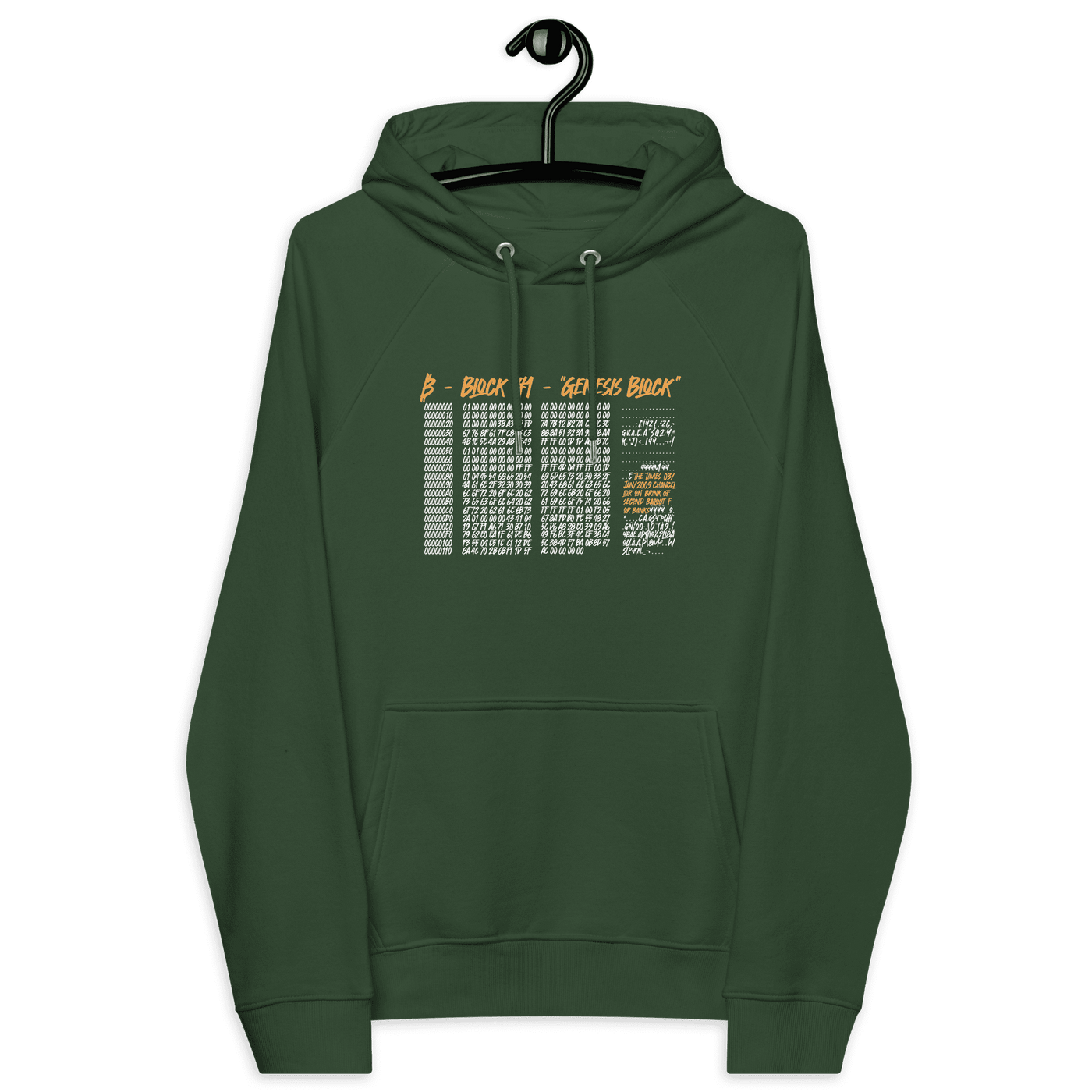 Front view of a bottle green colored bitcoin hoodie.