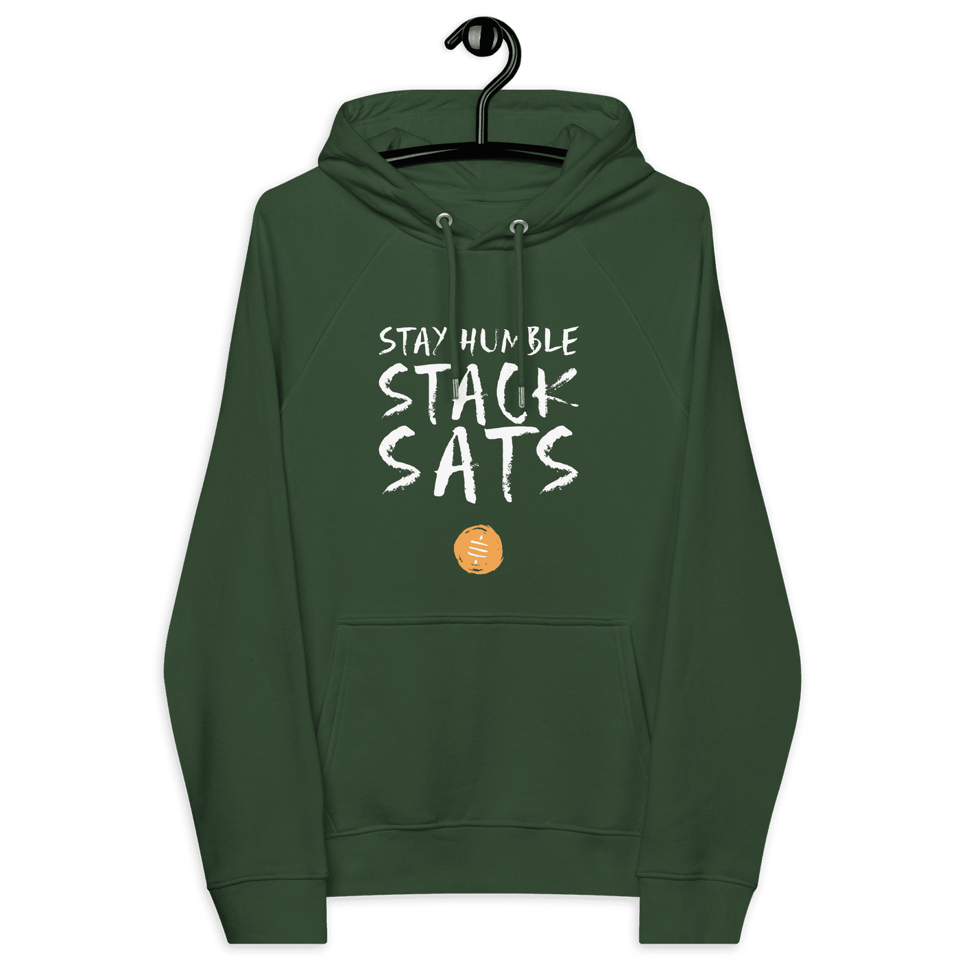 Front view of a bottle green colored bitcoin hoodie.