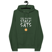 Front view of a bottle green colored bitcoin hoodie.