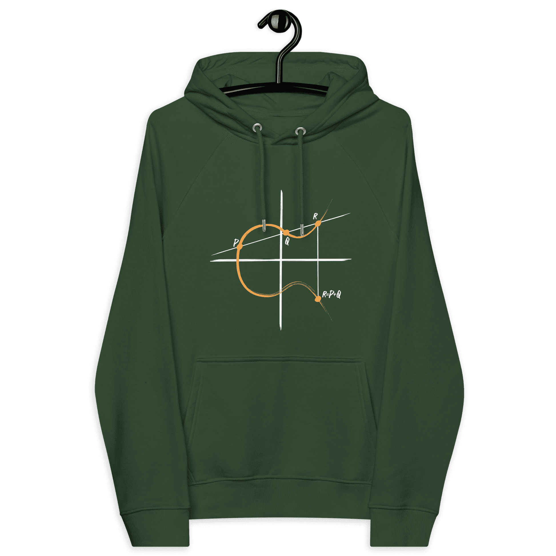 Front view of a bottle green colored bitcoin hoodie.