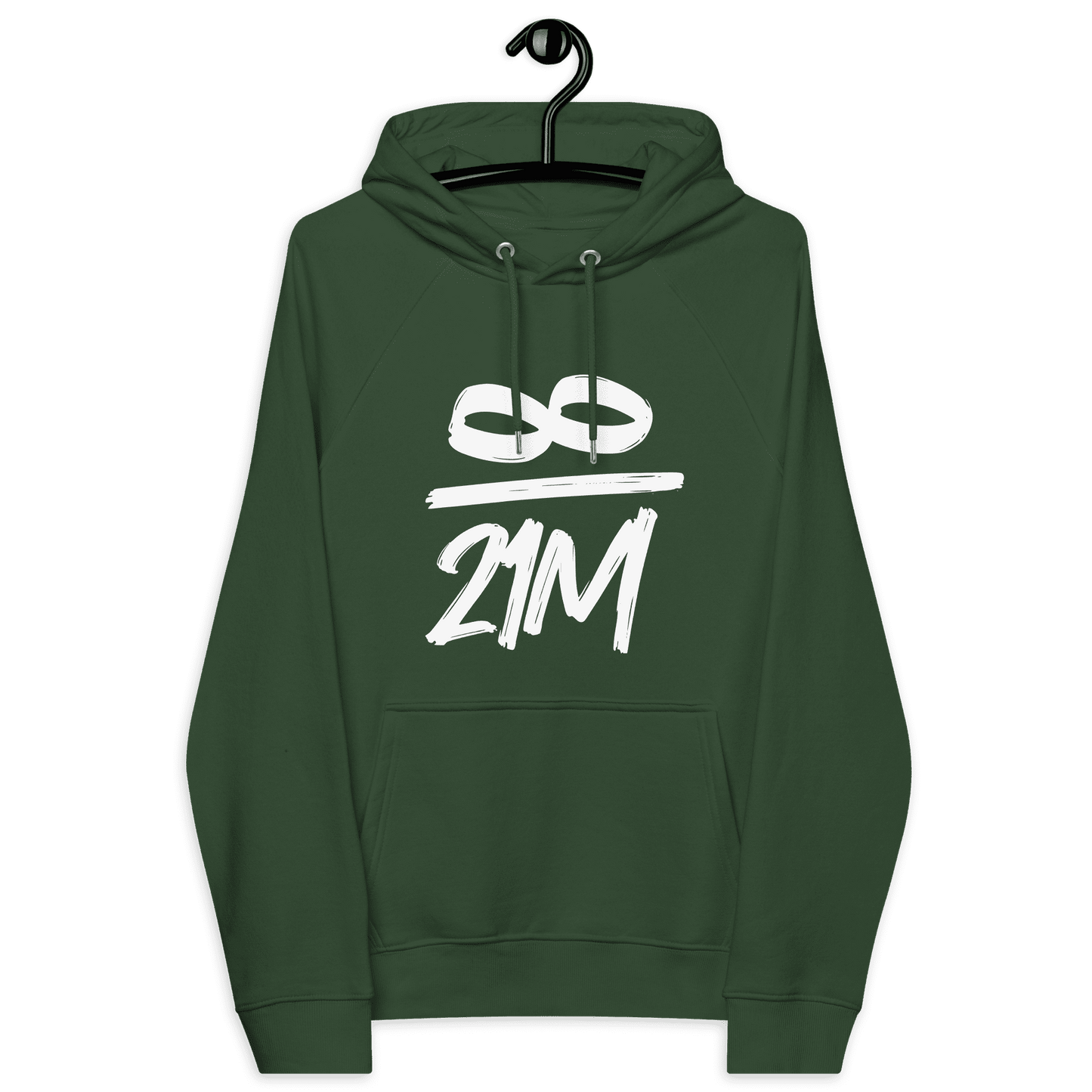 Front view of a bottle green colored bitcoin hoodie.