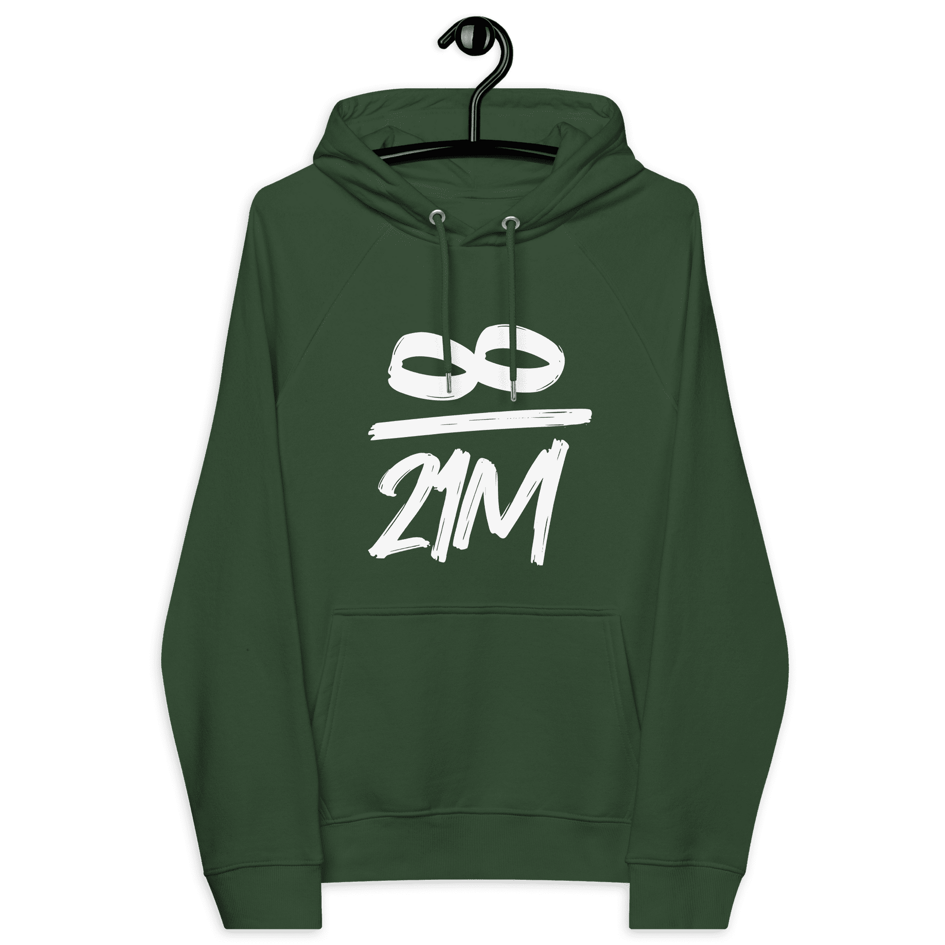 Front view of a bottle green colored bitcoin hoodie.