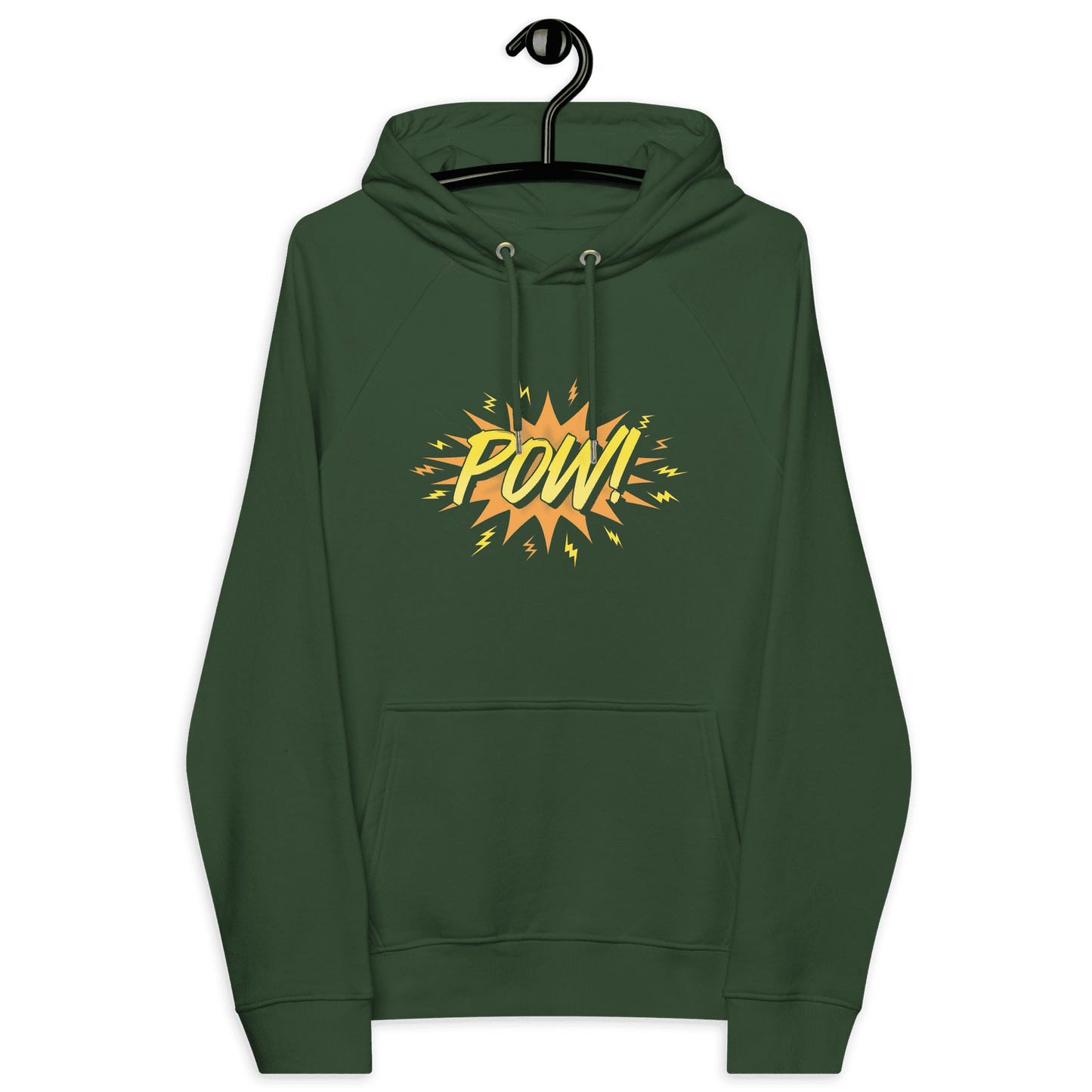 Front view of a bottle green colored bitcoin hoodie.