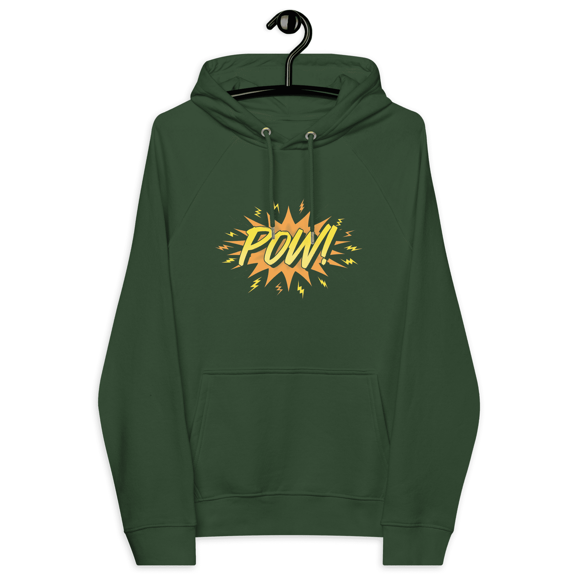 Front view of a bottle green colored bitcoin hoodie.