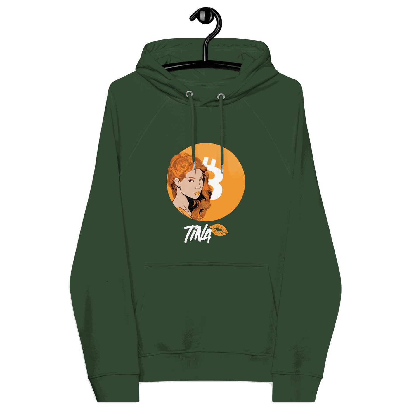 TINA Bitcoin Hoodie with eco-friendly and sustainable certification logos