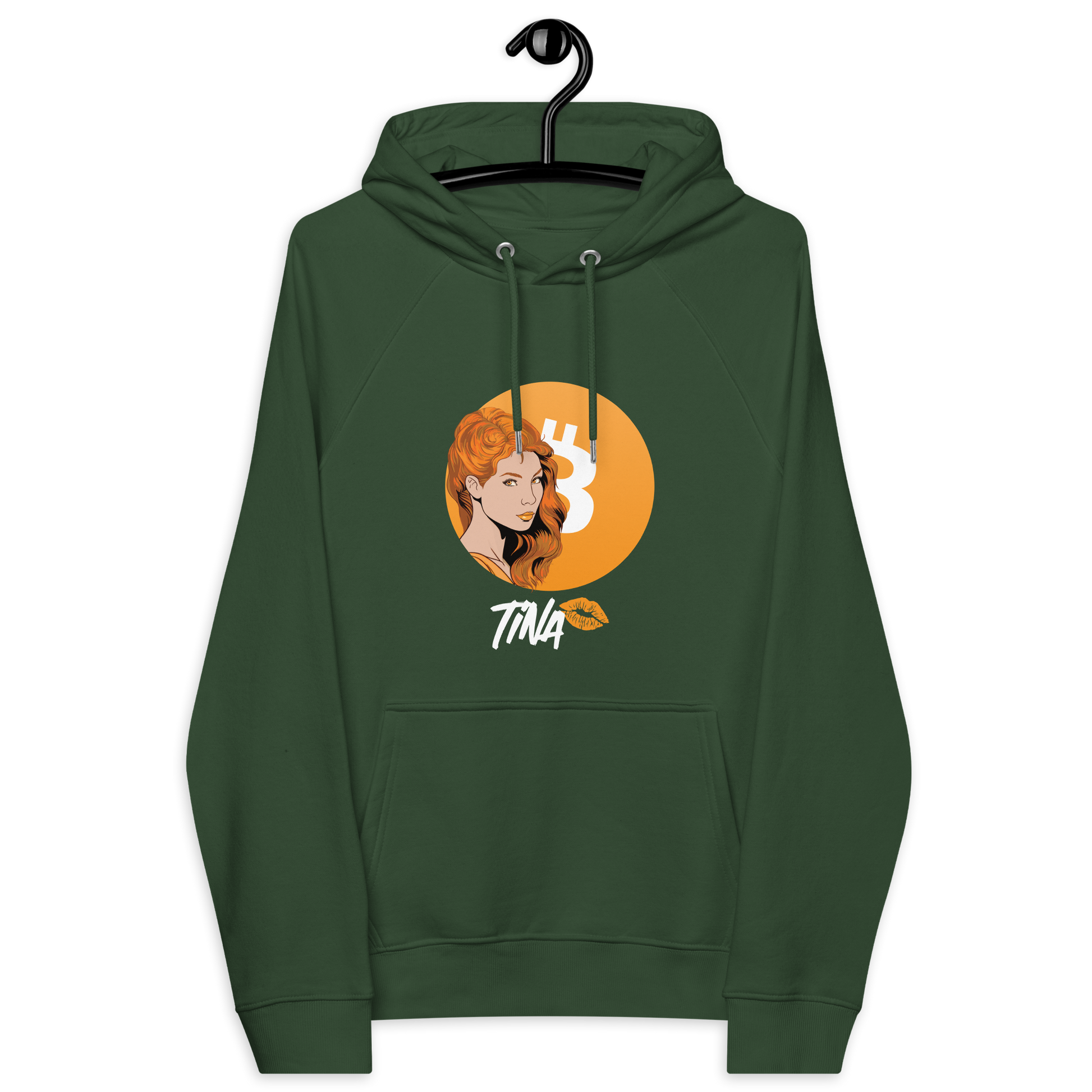 Front view of a bottle green colored bitcoin hoodie.