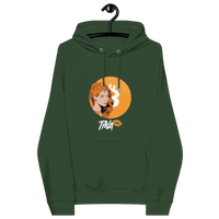 TINA Bitcoin Hoodie with eco-friendly and sustainable certification logos