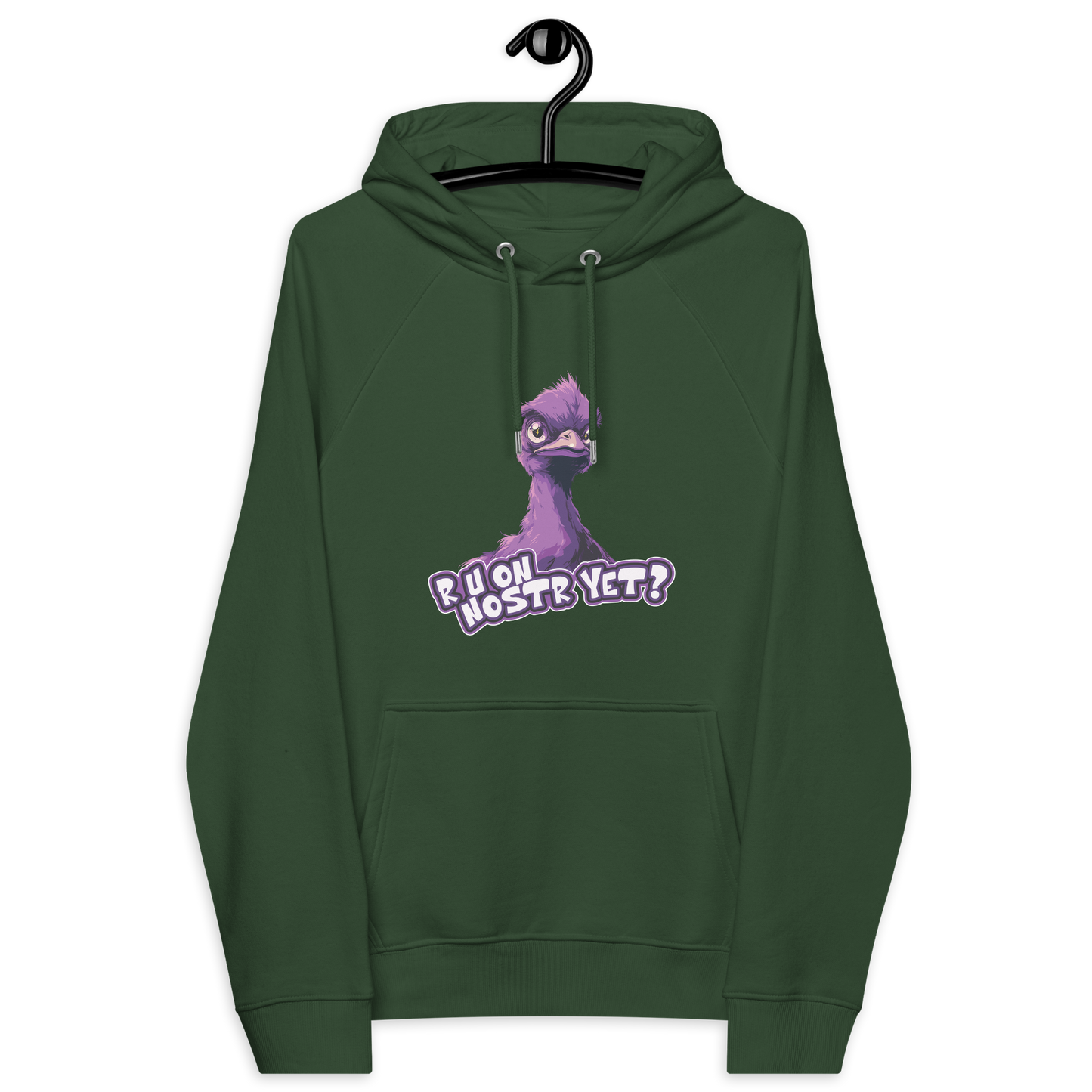Front view of a bottle green colored nostr hoodie.
