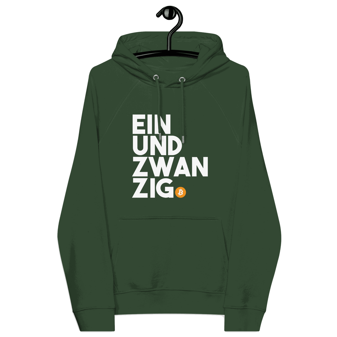 Front view of a bottle green colored bitcoin hoodie.