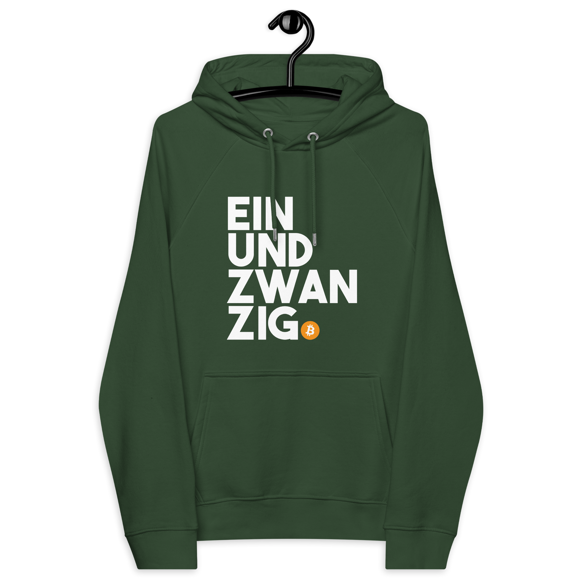 Front view of a bottle green colored bitcoin hoodie.