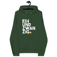 Front view of a bottle green colored bitcoin hoodie.