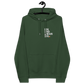 Front view of a bottle green colored embroidered bitcoin hoodie.