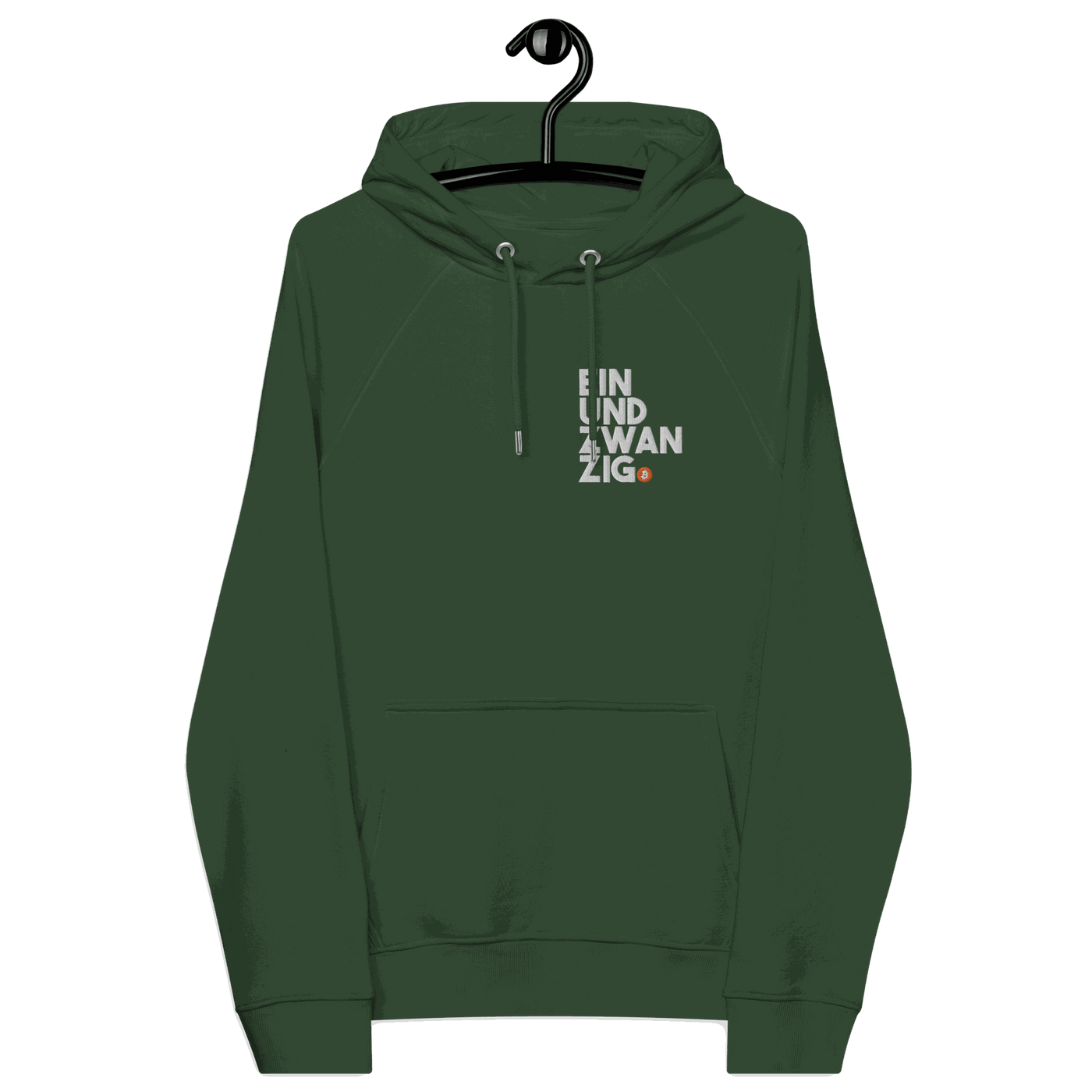 Eco-friendly embroidered raglan hoodie with Bitcoin design and multiple sustainability certifications logos