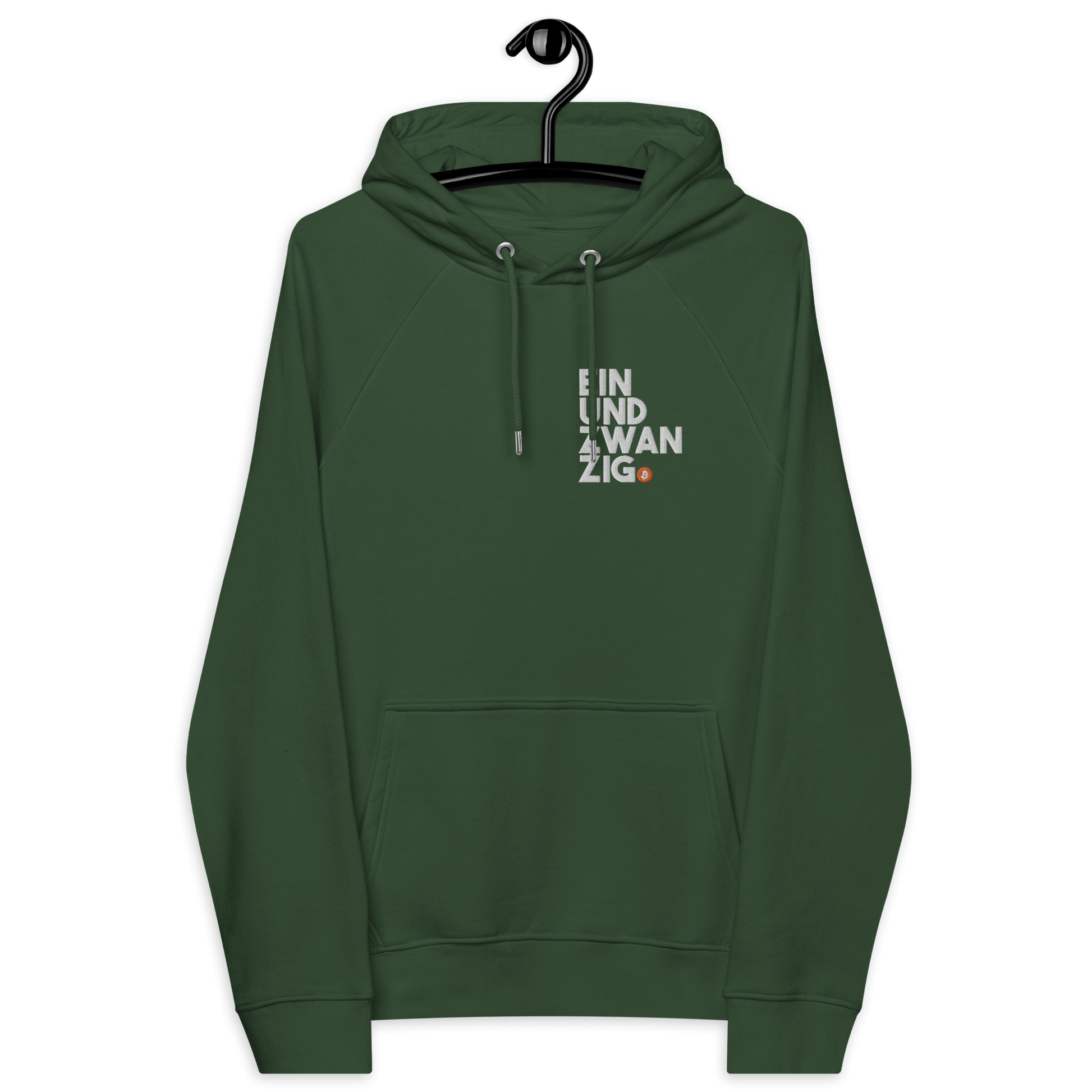 Front view of a bottle green colored embroidered bitcoin hoodie.