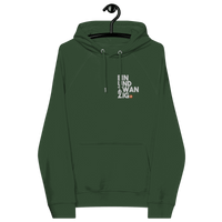 Eco-friendly embroidered raglan hoodie with Bitcoin design and multiple sustainability certifications logos