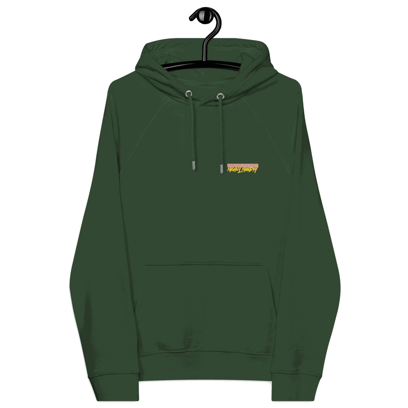 Certification logos for OEKO-TEX, PETA, GOTS, OCS, and GRS related to Michael Monday Anarcho Late Night Eco Raglan Hoodie